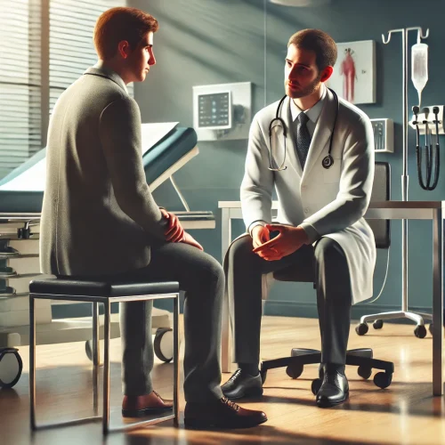 DALL·E 2024-12-31 03.02.07 - A realistic depiction of a doctor consulting with a patient in a hospital setting. The patient, a common man, is seated on a chair while the doctor at
